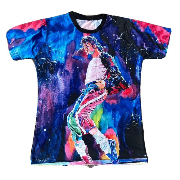 Michael Jackson Abstract Portrait Watercolor Drawing Graphic Black Tee Size Med - Picture 1 of 8